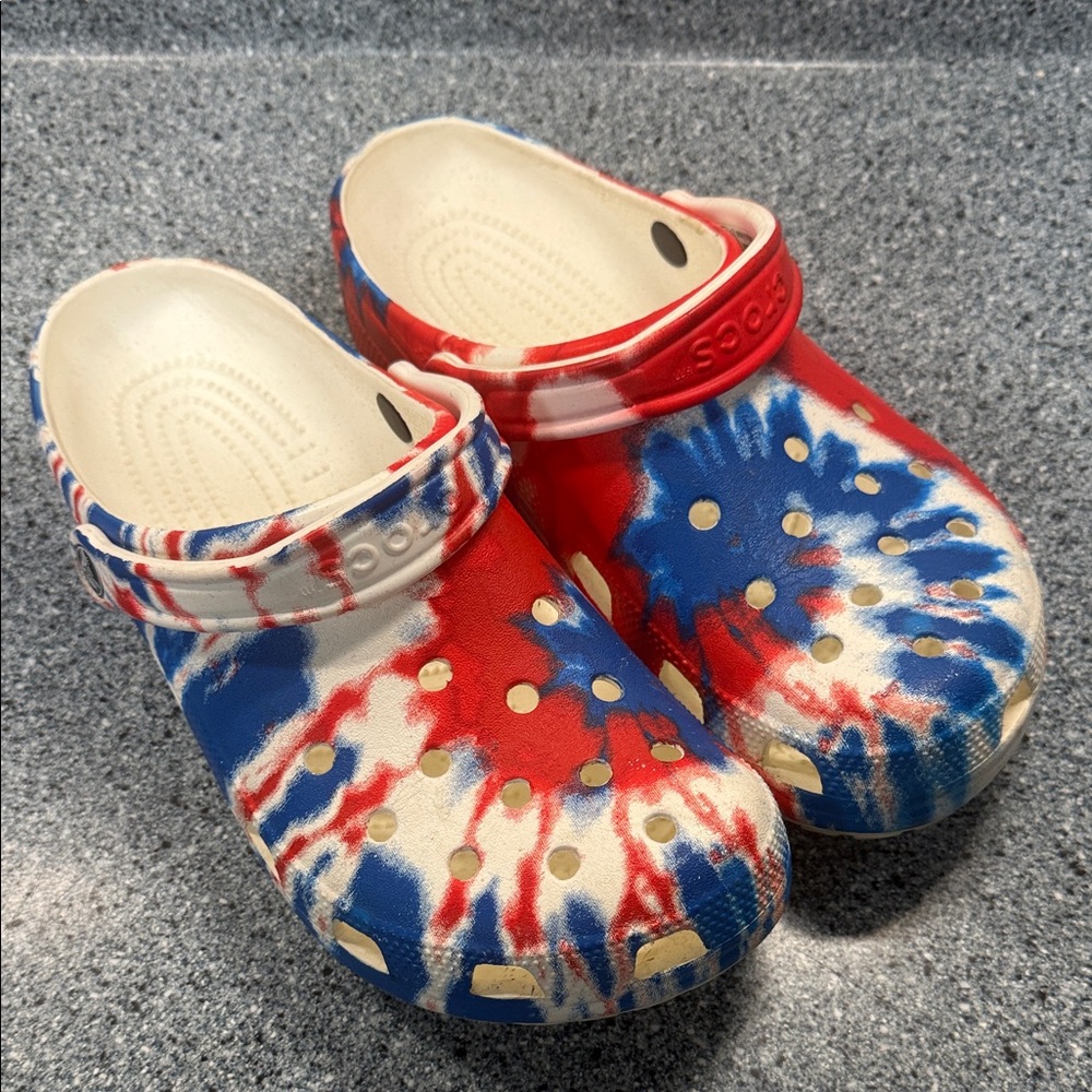 CROCS Red and Blue Tie-Dye Clogs